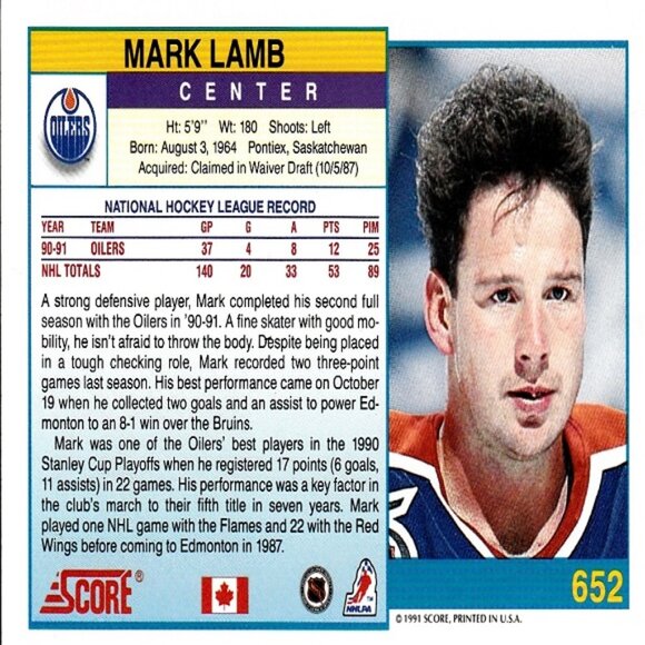 Mark Lamb (Edmonton Oilers) 1991 Score '91 Blue Border Card - Card Number 652 - Picture 2 of 2